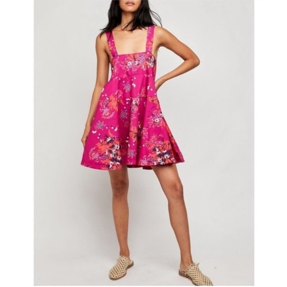 Free People Let The Sunshine In Printed pink Floral Strap Flare Dress sz XS - Picture 2 of 12